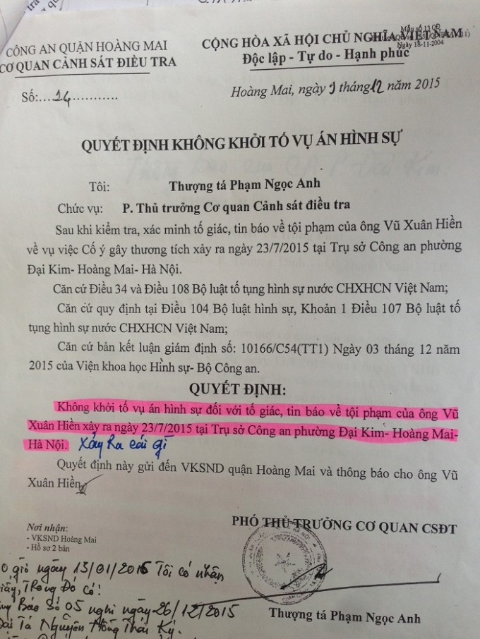 C&ocirc;ng an quận Ho&agrave;ng Mai ra quyết định kh&ocirc;ng khởi tố h&igrave;nh sự đối với vụ việc của &ocirc;ng Hiền.