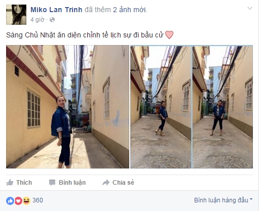 Ca sĩ trẻ Miko Lan Trinh h&aacute;o hức đi bầu cử. - Nguồn: facebook.