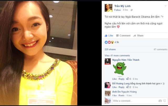 Chia sẻ của Trần Mỹ Linh sau khi c&oacute; vinh dự tặng hoa ch&agrave;o mừng Tổng thống Mỹ Obama.