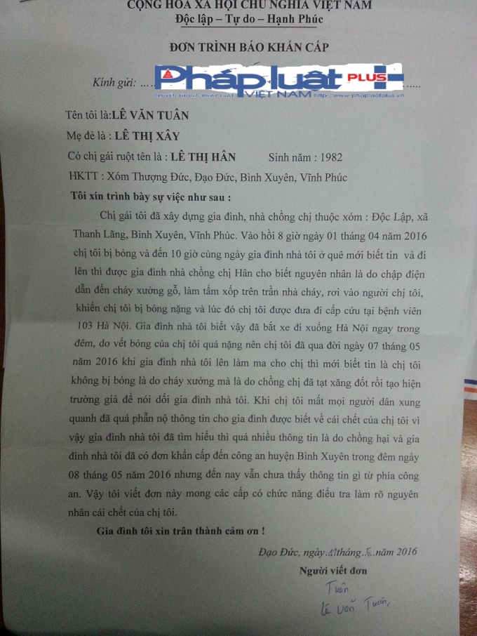 Đơn tr&igrave;nh b&aacute;o của anh L&ecirc; Văn Tu&acirc;n (Em trai chị H.).
