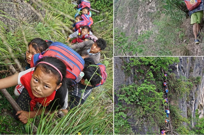 Học sinh leo n&uacute;i dựng đứng để đi học