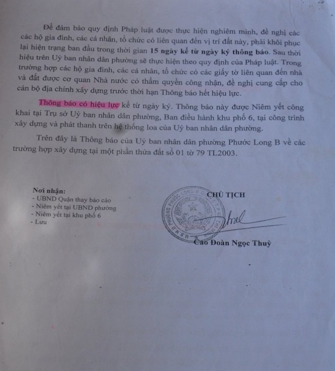 Th&ocirc;ng b&aacute;o của UBND Phường Phước Long B về việc c&aacute;c hộ d&acirc;n chiếm dụng đất tr&aacute;i ph&eacute;p.