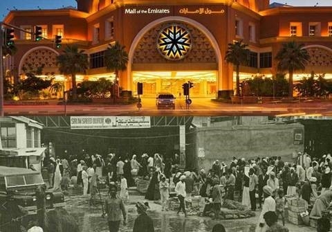 Trung t&acirc;m mua sắm Mall Of The Emirates c&aacute;ch đ&acirc;y 50 năm v&agrave; hiện tại. M inh chứng cho sự thay đổi ch&oacute;ng mặt ở Dubai thể hiện ở những trung t&acirc;m thương mại bề thế. C&aacute;ch đ&acirc;y 50 năm, ch&uacute;ng l&agrave; những khu chợ chật chội, người mua kẻ b&aacute;n la liệt trao đổi h&agrave;ng h&oacute;a. C&ograve;n ng&agrave;y nay, tất cả đ&atilde; biến mất v&agrave; thay v&agrave;o đ&oacute; l&agrave; c&aacute;c điểm b&aacute;n h&agrave;ng h&oacute;a văn minh, hiện đại với rất nhiều sản phẩm đắt tiền.