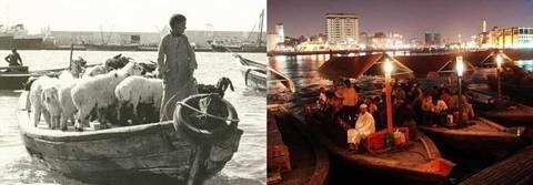 Thuyền chở h&agrave;ng h&oacute;a c&aacute;ch đ&acirc;y 50 năm v&agrave; hiện tại . Từ một l&agrave;ng ch&agrave;i nhỏ b&eacute;, năm 1966 những mỏ dầu đầu ti&ecirc;n được ph&aacute;t hiện ở đ&acirc;y đ&atilde; mở ra một trang mới với Dubai. Những mỏ dầu đ&atilde; đưa về nguồn thu rất lớn, c&aacute;c c&ocirc;ng tr&igrave;nh bắt đầu mọc l&ecirc;n biến l&agrave;ng ch&agrave;i nhỏ b&eacute; th&agrave;nh một th&agrave;nh phố gi&agrave;u c&oacute;.