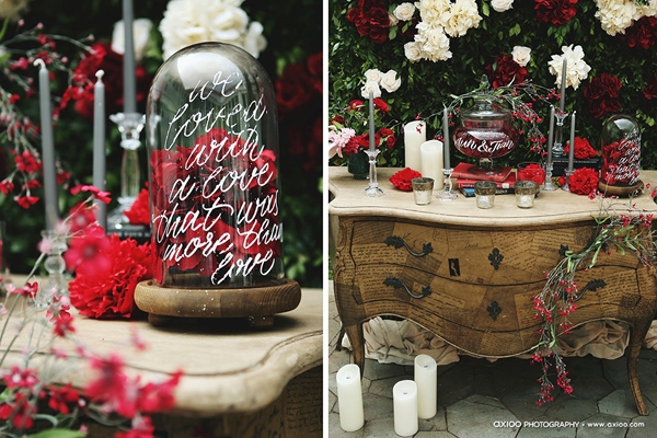 Hoa hồng v&agrave; mẫu đơn đỏ, biểu trưng cho t&igrave;nh y&ecirc;u vĩnh cửu được c&ocirc; d&acirc;u v&agrave; ch&uacute; rể y&ecirc;u th&iacute;ch.