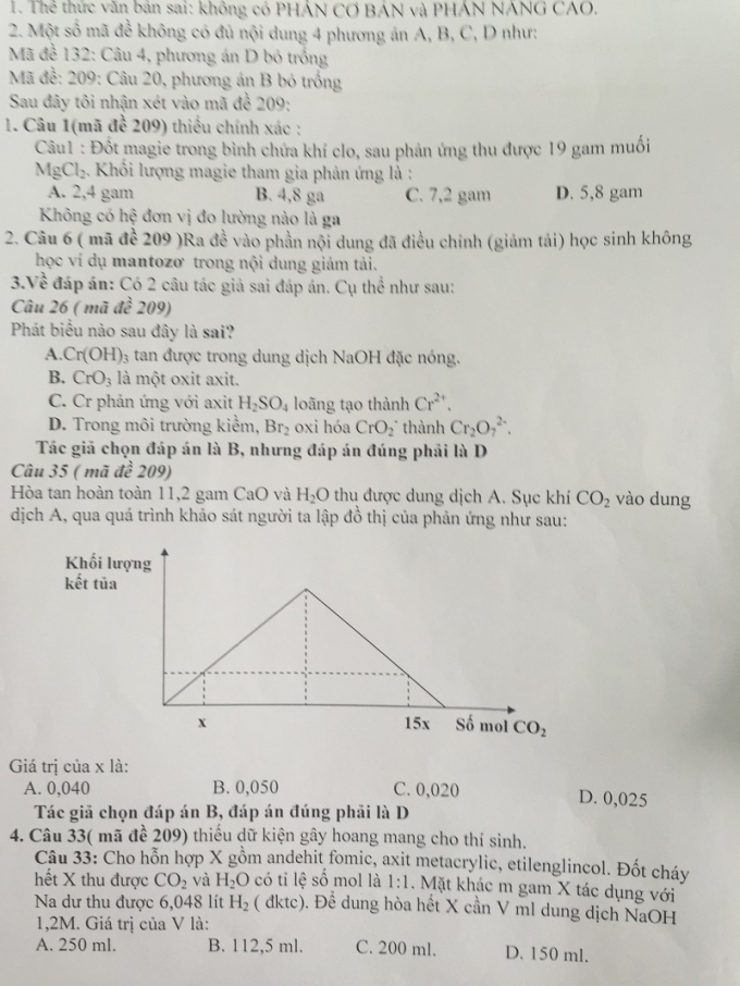 C&aacute;c gi&aacute;o vi&ecirc;n đ&atilde; thống k&ecirc; lỗi của đề v&agrave; đ&aacute;p &aacute;n sai trong m&atilde; đề 209 m&ocirc;n Ho&aacute; học.