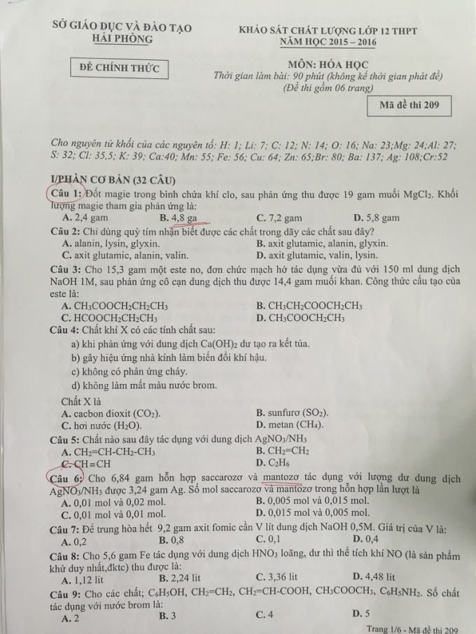 M&atilde; đề 209 m&ocirc;n thi Ho&aacute; học bị sai đ&aacute;p &aacute;n v&agrave; c&aacute;c c&acirc;u hỏi thiếu ch&iacute;nh x&aacute;c.