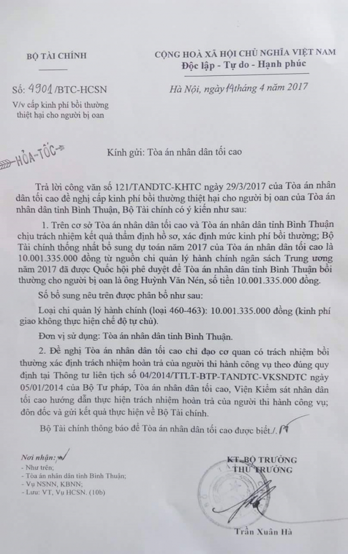 Bộ T&agrave;i ch&iacute;nh đ&atilde; thống nhất bổ sung nguồn chi quản l&yacute; h&agrave;nh ch&iacute;nh ng&acirc;n s&aacute;ch trung ương hơn 10 tỷ đồng để bồi thường oan sai cho &ocirc;ng N&eacute;n.