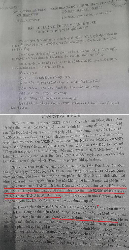 Bản kết luận điều vụ &aacute;n của C&ocirc;ng an tỉnh L&acirc;m Đồng.