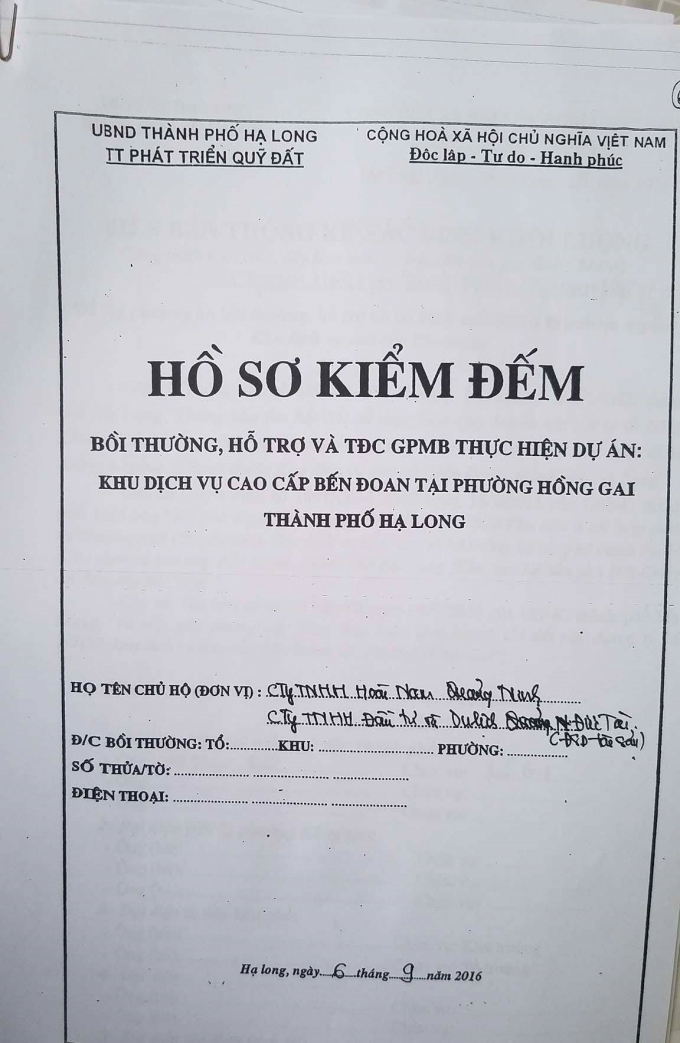 Hồ sơ kiểm đếm t&agrave;i sản của hai doanh nghiệp do Trung t&acirc;m ph&aacute;t triển quỹ đất TP Hạ Long thực hiện.