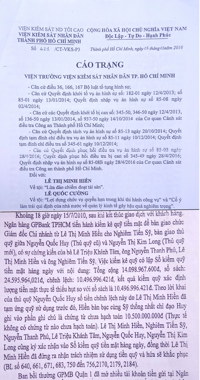 Phần lời khai của nguy&ecirc;n thủ quỹ NH GPBank trong c&aacute;o trạng số 421/CT-VKS-P3 của Viện kiểm s&aacute;t nh&acirc;n d&acirc;n TP HCM.