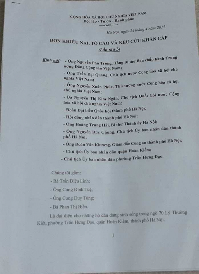 Đơn khiếu nại, tố c&aacute;o của 4 hộ d&acirc;n gửi t&ograve;a soạn Ph&aacute;p luật Plus.