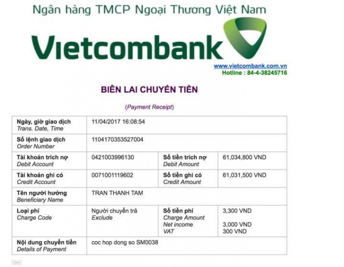 Ng&agrave;y 11/4, chị Ng&acirc;n đ&atilde; thanh to&aacute;n trước qua t&agrave;i khoản mang t&ecirc;n Tran Thanh Tam 86.000.000 đồng.