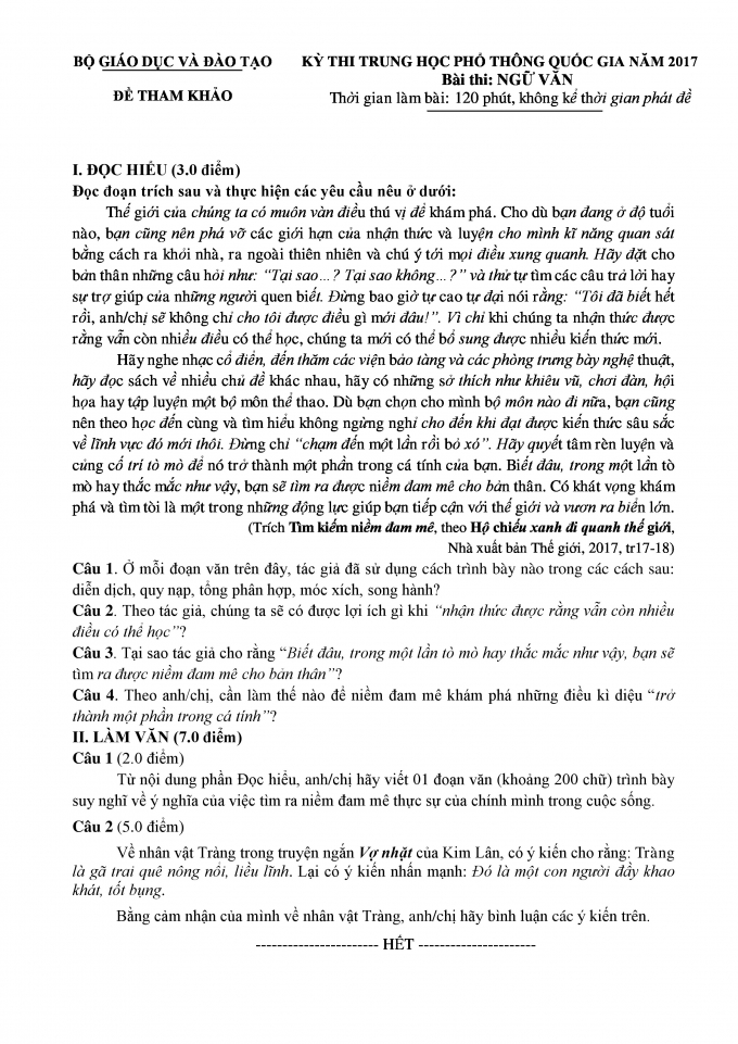 Bộ Gi&aacute;o dục c&ocirc;ng bố đề THPT quốc gia tham khảo như đề thi thật