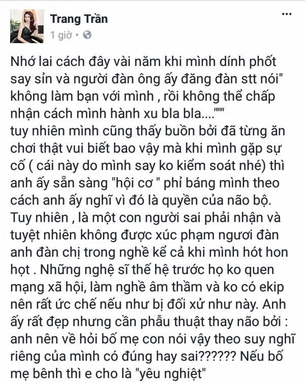 Cựu người mẫu, diễn vi&ecirc;n Trang Trần cũng l&ecirc;n tiếng chỉ tr&iacute;ch nữ ca sĩ chuyển giới. Ảnh: Saostar