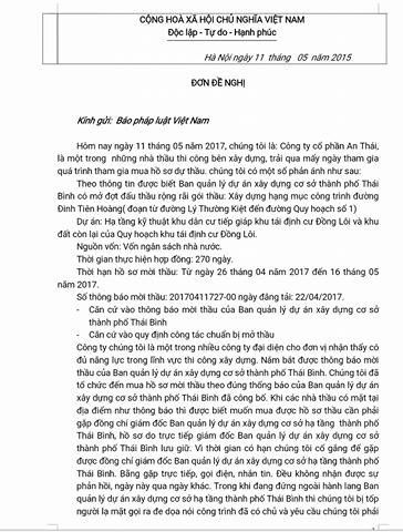 Đơn đề nghị của c&ocirc;ng ty CP An Th&aacute;i gửi b&aacute;o Ph&aacute;p Luật Việt nam