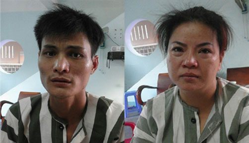 Đối tượng Vũ Văn Tiến v&agrave; V&otilde; Thị Kim Phượng tại cơ quan c&ocirc;ng an.