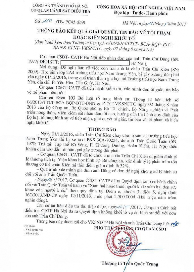 Th&ocirc;ng b&aacute;o của cơ quan điều tra về vụ việc.