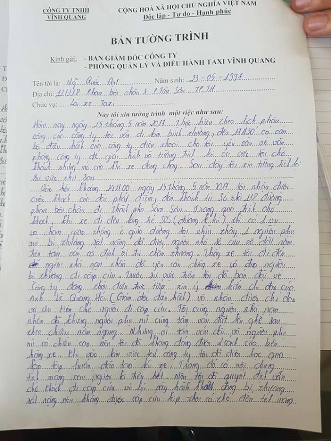 Tường tr&igrave;nh của t&agrave;i xế taxi 36A-141.54. (Ảnh: A.T)