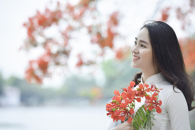 Nữ sinh tuổi 16 l&atilde;ng mạn b&ecirc;n ch&ugrave;m hoa phượng đỏ