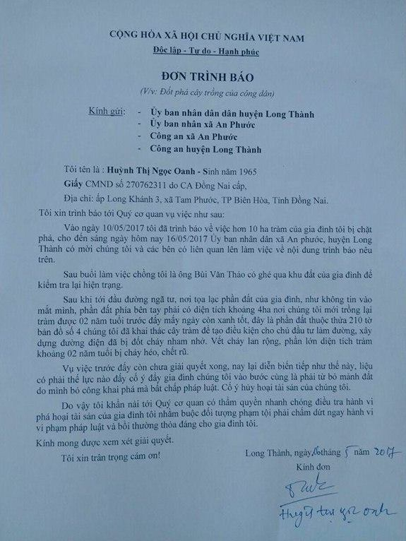 Đơn tr&igrave;nh b&aacute;o của gia đ&igrave;nh b&agrave; Oanh về việc 4ha rừng tr&agrave;m non bị đốt ch&aacute;y g&acirc;y hư hại.