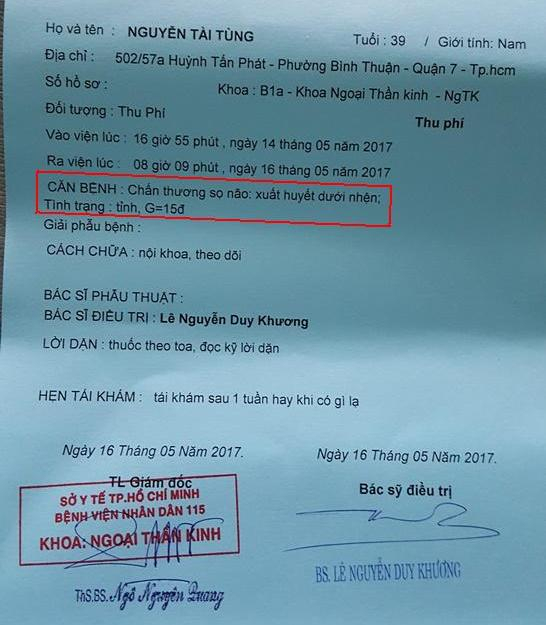 Chẩn đo&aacute;n của Bệnh viện 115, anh T. bị chấn thương sọ n&atilde;o.