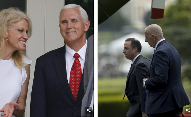 Ch&aacute;nh văn ph&ograve;ng Nh&agrave; Trắng Reince Priebus (ảnh phải) cũng đi c&ugrave;ng trong chuyến c&ocirc;ng du. Trong khi đ&oacute;, Ph&oacute; Tổng thống Mike Pence v&agrave; cố vấn cấp cao Kellyanne Conway ở lại để đảm nhận c&ocirc;ng việc trong thời gian Tổng thống vắng mặt. (Ảnh: Dailymail)