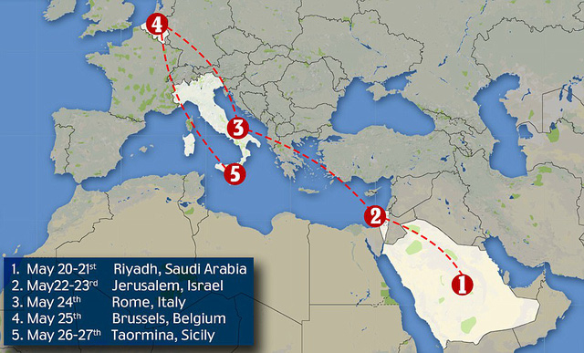 Điểm dừng thứ hai l&agrave; Israel. &Ocirc;ng Trump sẽ thăm ch&iacute;nh thức Israel từ ng&agrave;y 22-23/5. Tiếp đến l&agrave; Rome (Italy), Brussels (Bỉ) v&agrave; Taormina (Sicily). (Ảnh: Dailymail)