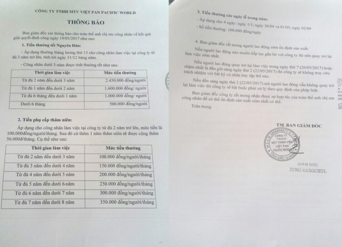 Th&ocirc;ng b&aacute;o của Ban Gi&aacute;m đốc C&ocirc;ng ty TNHH Vietpan Pacific.