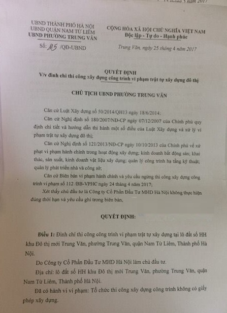 Phường Trung Văn đ&atilde; ban h&agrave;nh quyết định đ&igrave;nh chỉ thi c&ocirc;ng dự &aacute;n do x&acirc;y dựng kh&ocirc;ng c&oacute; GPXD.