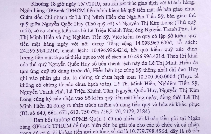 Một đoạn c&aacute;o trạng của VKSND TP.HCM chứng tỏ l&atilde;nh đạo GPBank TP HCM đ&atilde; biết việc mất tiền dẫn đến việc chuyển tiền ảo.