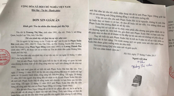 Đơn xin giảm &aacute;n cho c&aacute;c bị c&aacute;o của chị Trương Thị Nhu.