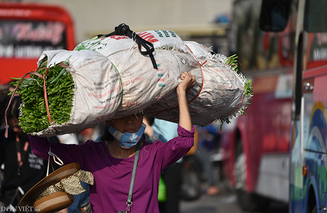 Nhiều người về qu&ecirc; nghỉ lễ khu&acirc;n v&aacute;c rất nhiều đồ ra H&agrave; Nội. B&agrave; Oanh đi từ Hải Ph&ograve;ng ra Thủ đ&ocirc; mang theo nhiều rau quả. B&agrave; n&oacute;i mua đồ ở H&agrave; Nội đắt đỏ, n&ecirc;n mang rau sạch từ nh&agrave; ra.