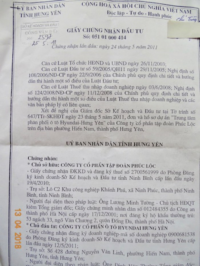 Giấy chứng nhận đầu tư của UBND tỉnh Hưng Y&ecirc;n cấp cho C&ocirc;ng ty cổ phần &ocirc; t&ocirc; Huyndai Hưng Y&ecirc;n.