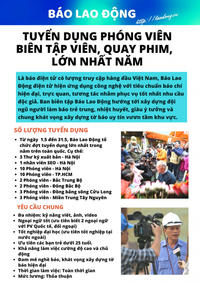 B&aacute;o Lao Động điện tử tuyển dụng ph&oacute;ng vi&ecirc;n, bi&ecirc;n tập vi&ecirc;n, quay phim... lớn nhất năm