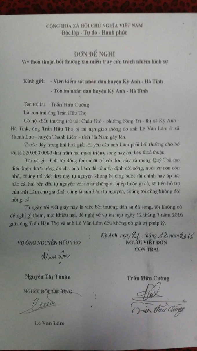 Giấy gia đ&igrave;nh nạn nh&acirc;n nhận bồi thường v&agrave; xin b&atilde;i nại cho anh L&ecirc; Văn L&acirc;m.