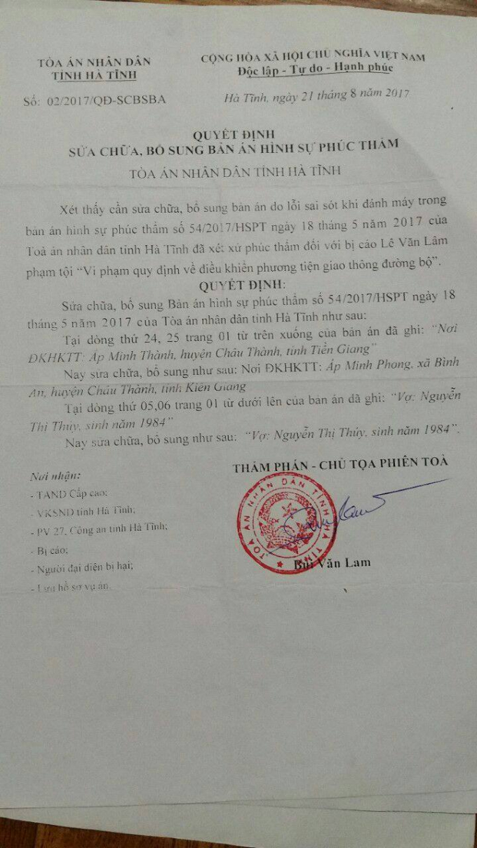 Quyết định sửa đổi bổ sung bản &aacute;n ph&uacute;c thẩm của TAND tỉnh H&agrave; Tĩnh.