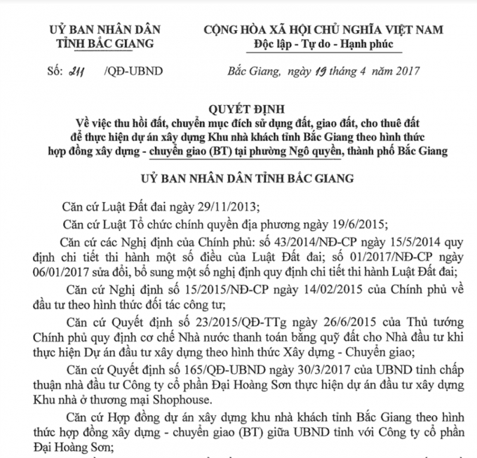 Quyết định thu hồi đất của UBND tỉnh Bắc Giang.