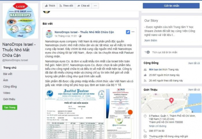 Một trang fanpage rao b&aacute;n sản phẩm thuốc nhỏ mắt chữa cận thị.
