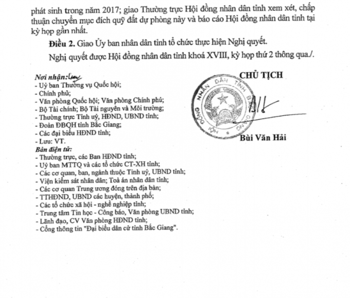 Nghị quyết số 30/NQ-HĐND về việc th&ocirc;ng qua Danh mục c&aacute;c c&ocirc;ng tr&igrave;nh, dự &aacute;n được ph&eacute;p thu hồi đất; c&aacute;c c&ocirc;ng tr&igrave;nh, dự &aacute;n được ph&eacute;p chuyển mục đ&iacute;ch sử dụng đất trồng l&uacute;a, đất rừng ph&ograve;ng hộ, đất rừng đặc dụng v&agrave;o c&aacute;c mục đ&iacute;ch kh&aacute;c năm 2017 của tỉnh Bắc Giang.