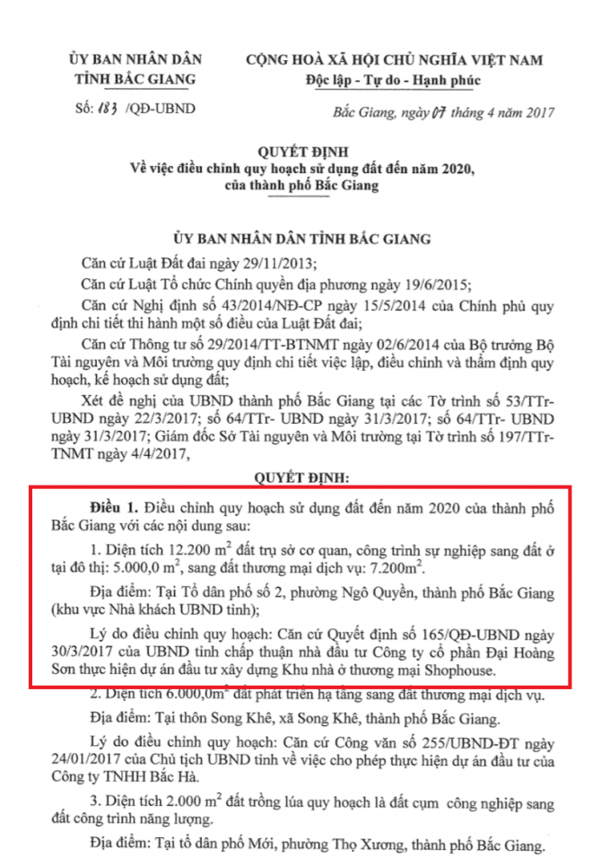 Quyết định số 183/QĐ-UBND về việc điều chỉnh quy hoạch sử dụng đất năm 2020, của Th&agrave;nh phố Bắc Giang.