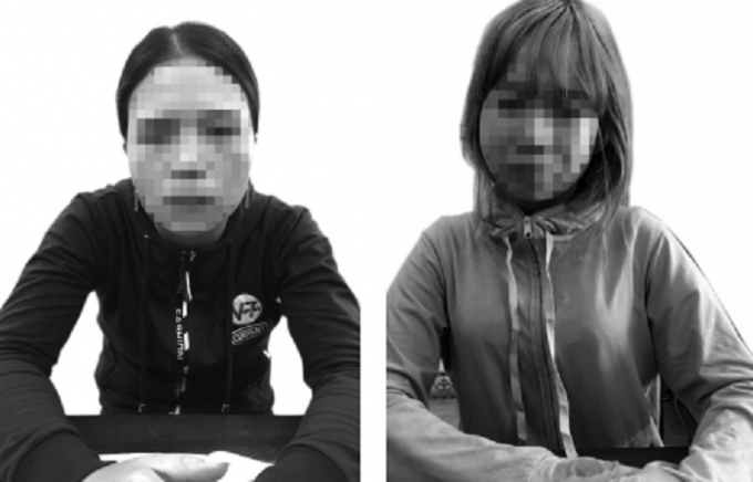 Hai đối tượng Thu v&agrave; Linh tại cơ quan điều tra.