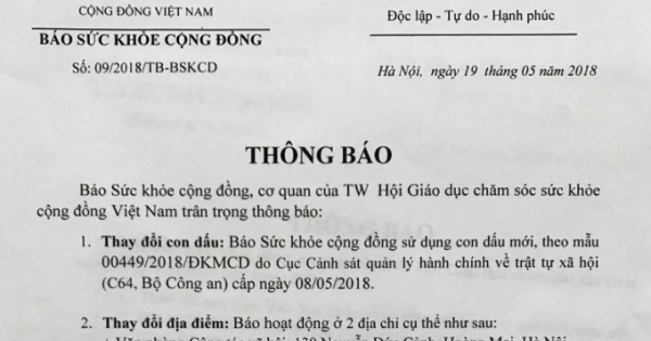 Thông báo của BBT báo Sức khỏe cộng đồng