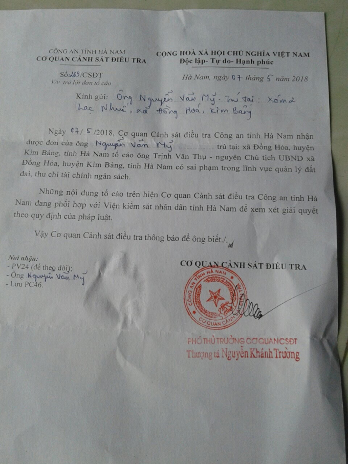 Văn bản của Cơ quan CSĐT C&ocirc;ng an tỉnh H&agrave; Nam cho biết đang phối hợp với VKSND c&ugrave;ng cấp xem x&eacute;t giải quyết tố c&aacute;o của người d&acirc;n đối với &ocirc;ng Thụ.