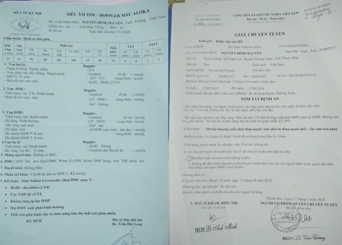 Giấy chuyển tuyến của Bệnh viện Nhi tỉnh Thanh H&oacute;a v&agrave; giấy si&ecirc;u &acirc;m của Bệnh viện Tim H&agrave; Nội.