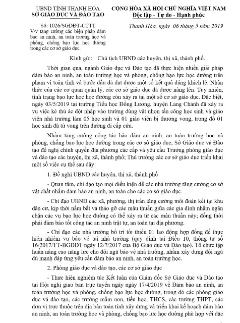 Công văn của Sở GD-ĐT Thanh Hóa yêu cầu tăng cường an ninh, an toàn tại các trường học trên toàn tỉnh.