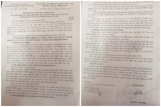 Văn bản b&aacute;o c&aacute;o kết quả kiểm tra của Sở TN&amp;amp;MT tỉnh Ph&uacute; Thọ hồi th&aacute;ng 8/2018 đ&atilde; ph&aacute;t hiện ra nhiều vi phạm trong việc bảo vệ m&ocirc;i trường của C&ocirc;ng ty CTH, tuy nhi&ecirc;n vẫn kh&ocirc;ng được chấp h&agrave;nh theo đ&uacute;ng quy định của Ph&aacute;p luật.
