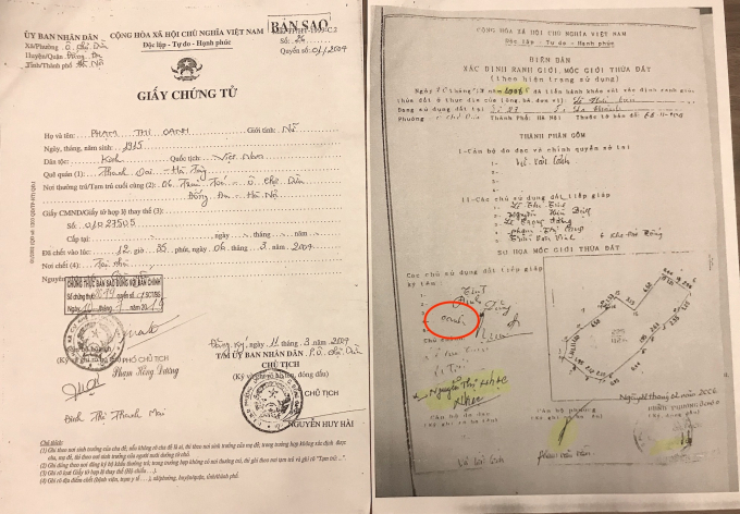 Bà Phạm Thị Oanh đã mất từ năm 2004 vẫn có chữ ký trong Biên bản xác định ranh giới, mốc giới thửa đất lập năm 2006 để làm cơ sở cho UBND quận Đống Đa cấp sổ đỏ tại số 27A Đê La Thành (Phần chữ ký bà Oanh được khoanh tròn màu đỏ - PV).