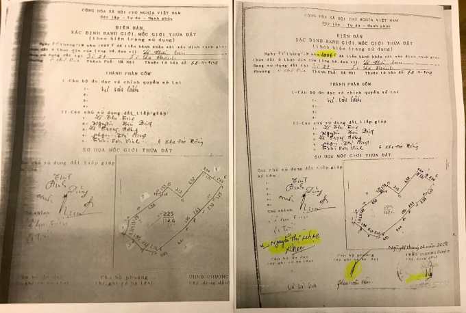 Biên bản xác định ranh giới, mốc giới thửa đất (theo hiện trạng sử dụng) lập năm 1997 (bên trái) và Biên bản xác định ranh giới, mốc giới thửa đất (theo hiện trạng sử dụng) lập năm 2006 (bên phải).