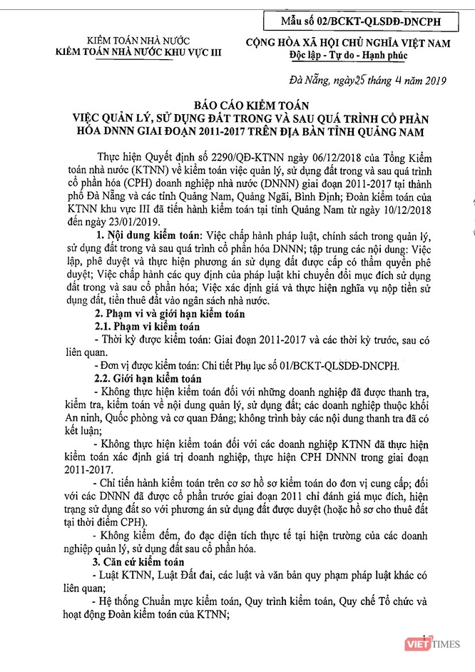 Báo cáo Kết luận kiểm toán của Kiểm toán nhà nước khu vực 3 đối với việc quản lý sử dụng đất trong và sau quá trình cổ phần hóa DNNN giai đoạn 2011-2017 trên địa bàn tỉnh Quảng Nam.